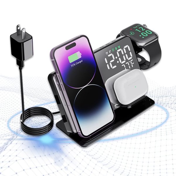 NORMIA RITA 4-in-1 Wireless Charging Station for Apple Devices, 18W Fast Charge Wireless Charger Alarm Clock and Temperature Display, Wireless Charger Stand for iPhone 16 15 14 13 12, Apple Watch