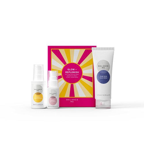 Balance Me Christmas Gift Set Glow + Replenish Vitamin C Repair Serum, Pure Skin Face Wash, Wonder Eye Cream, Natural/Vegan Skin Care, 3 Full Size Products - 1 each