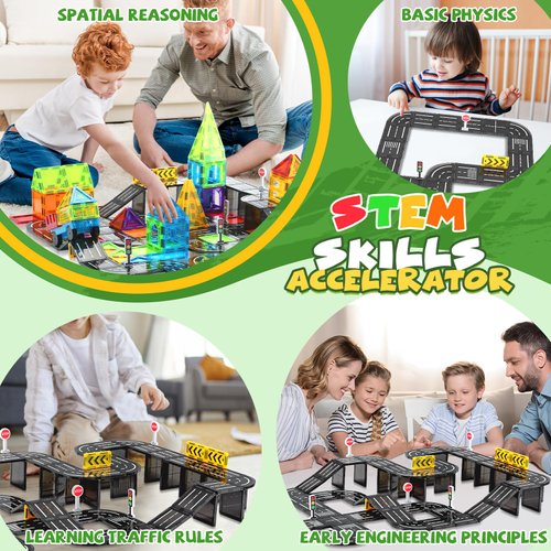 W WISE BLOCK Magnetic Tiles, 24PCS Magnetic Blocks Road Set, STEM Road Magnetic Building Tiles Construction, Educational Magnets Tiles Toys for Boys Kids Toddlers Ages 3 4 5 6 7 8 9+ Year Old Gifts