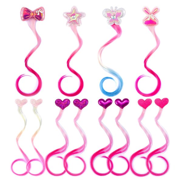 12 Pieces Hair Clips for Girls, Bow Curly Pink Gradient Hair Extensions for Kids, Little Girl Hair Clips Accessories for Ponytails Princess Dress Up