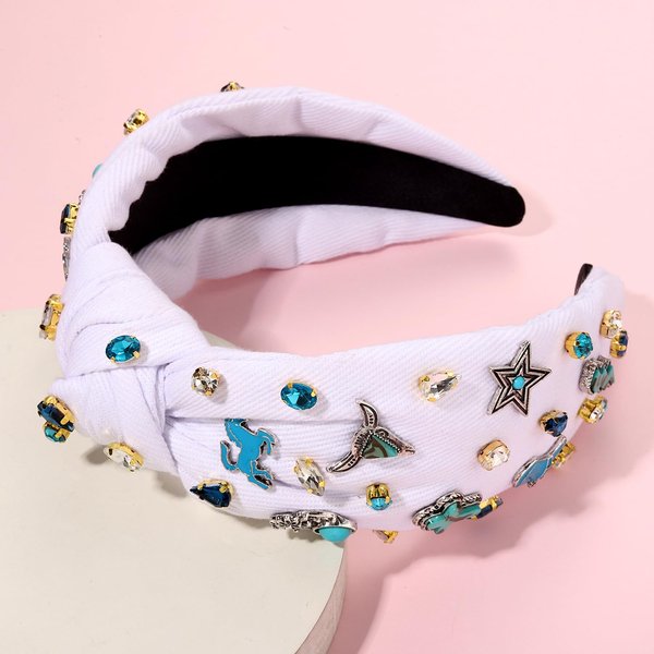 mokkia Western Headbands for Women Jeweled Rhinestone Crystal Knotted Headbands Wide Cowgirl Cowboy Boots Hats Hairbands Cowgirl Hair Accessories Spring Summer Headwear (White 3)