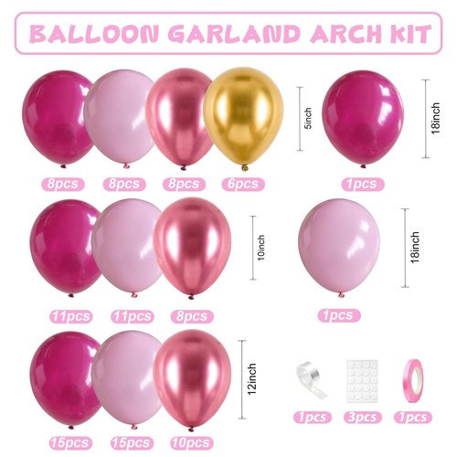 Hot Pink Balloon Arch Kit, Metallic Baby Pink Silver Balloons for Kid Girl Princess Cartoon Anime Theme Birthday Cute Cat Party Decorations Baby Shower Engagement Wedding Valentines Day Party Supplies