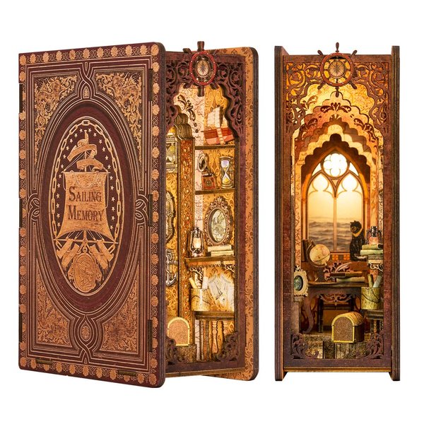 CUTEBEE Book Nook Kit, DIY Miniature House Booknook Dollhouse Kit for Adults and Teens, 3D Wooden Puzzle Bookend Bookshelf Decor, Tiny House Model Build Gifts Kit for Friends, Family (Sailing Memory)