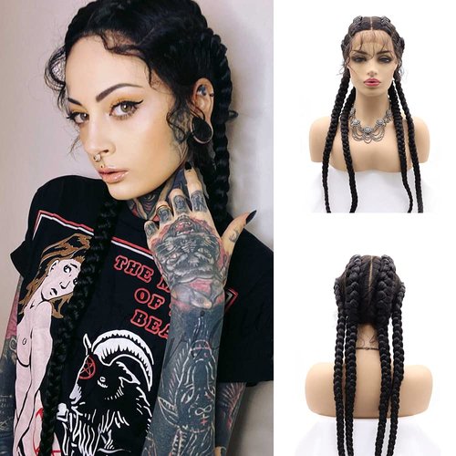 variouswig Black 4 Twist Lace Front Braid Wig Nature Looking Lace Front Wigs Afro American Synthetic Braided Wig with Baby Hair for Fashion Black Women Real Lace Wig 30 Inch