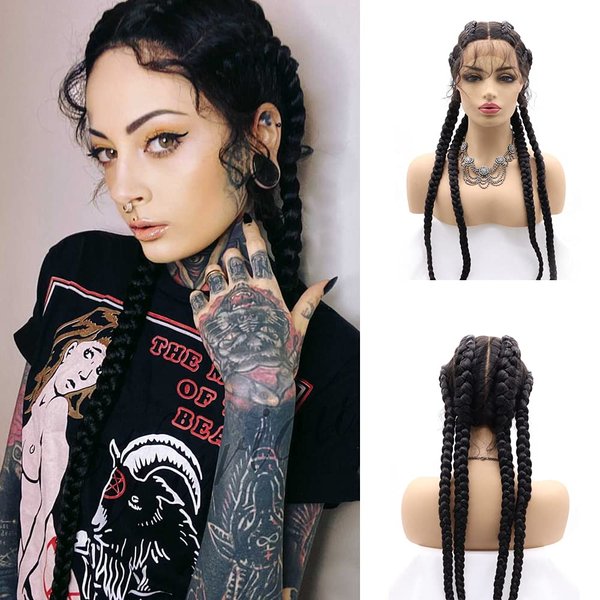 variouswig Black 4 Twist Lace Front Braid Wig Nature Looking Lace Front Wigs Afro American Synthetic Braided Wig with Baby Hair for Fashion Black Women Real Lace Wig 30 Inch