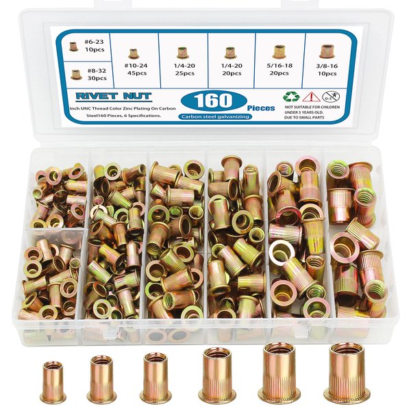 SATANTECH 160Pcs Rivnuts Nutserts Kit, SAE Rivet Nuts Assortment UNC Threaded RIV Nut Sert, 1/4-20, 3/8-16, 5/16-18, 10-24, 8-32, 6-32