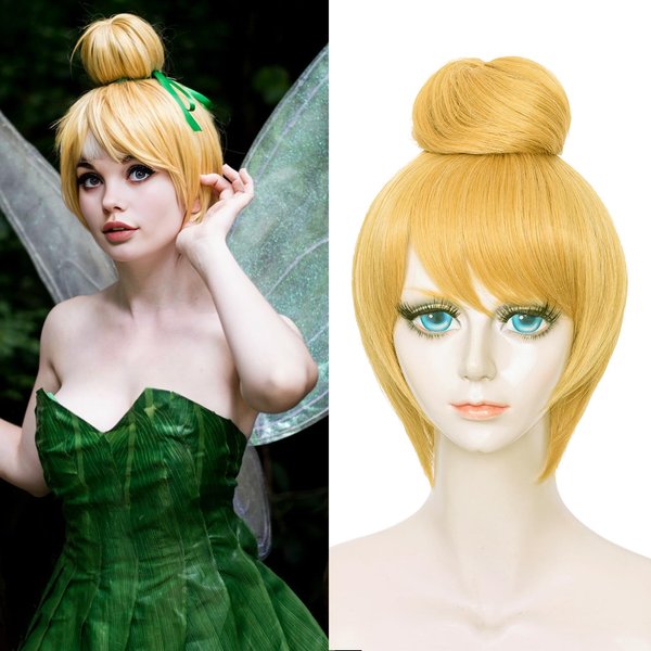Probeauty Blonde Wig for Cosplay, Short Golden Wig for Women Girls, Halloween Costume Party Fluffy Synthetic Wigs with Buns + Wig Cap