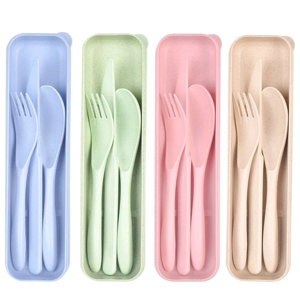 Lnrkai Travel Utensils Set with Case, 4 Sets Wheat Straw Reusable Spoon Knife Forks Tableware, Portable Cutlery Set for Lunch Box Accessories for Adults Kids Travel Picnic Camping or Daily Use