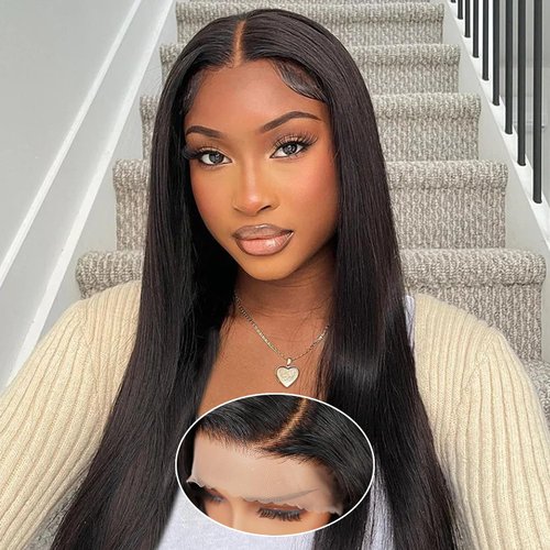 Hechirun Wear and Go Glueless Wig Human Hair Pre Plucked Pre Cut 13x4 Hd Transparent Straight Lace Front Wigs Human Hair 180% Density(24 Inch, Natural Color 100% Human Hair)