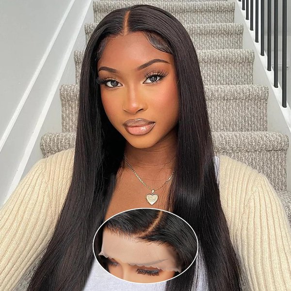 Hechirun Wear and Go Glueless Wig Human Hair Pre Plucked Pre Cut 13x4 Hd Transparent Straight Lace Front Wigs Human Hair 180% Density(24 Inch, Natural Color 100% Human Hair)