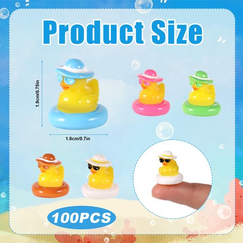 100pcs Mini Resin Cowboy Ducks, Tiny Miniature Ducks with Sunglasses Swim Ring and Beach Hats for Potted Plants Dollhouse Ornament Landscape Cake DIY Craft Party Games Toys Decoration (5 Colors)