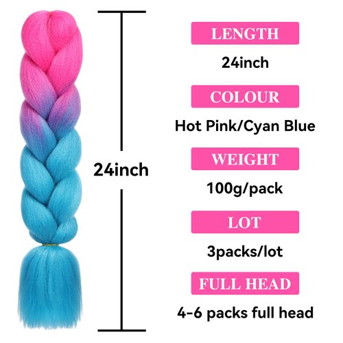 HAIRCUBE Ombre Braiding Hair 24 Inch 3 Packs Pre Stretched Box Braids Colorful Twist Braiding Hair Extensions Synthetic Crochet Braiding (Hot Pink to Cyan Blue)