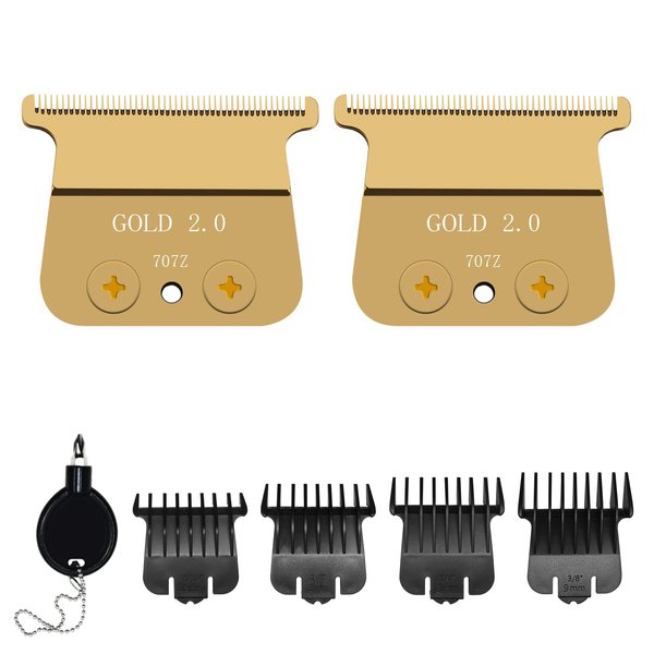 707Z Replacement Blade compatible with BaBylissPRO FX787 & FX726 Trimmers,2 Pack DLC Replacement Blades with 4 Guards Set Compatible with BaByliss Trimmer Blades,Gold