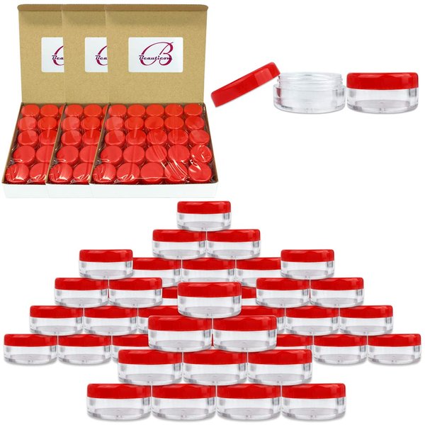 (Quantity: 200 Pieces) Beauticom 5G/5ML Round Clear Jars with RED Lids for Scrubs, Oils, Toner, Salves, Creams, Lotions, Makeup Samples, Lip Balms