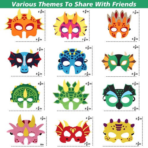 Zalmoxe Felt Dinosaur Masks Dino Mask Birthday Party Supplies Decorations Dinosaur Toys Kids Halloween Party Mask for Boys Girls(12Pcs)