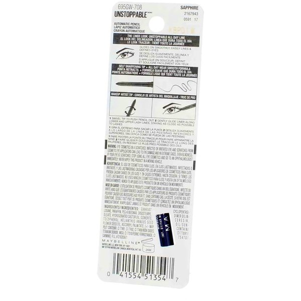 Maybelline New York Unstoppable Waterproof Eyeliner, Sapphire [708] 0.01 oz (Pack of 3)