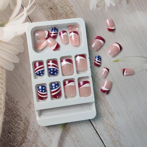 4th of July Press on Nails Short Square Fake Nails Independence Day False Nails Glitter American Flag Designs French Tips Acrylic Nails Glue on Nails 4th of July Nail Art Decoration Accessories