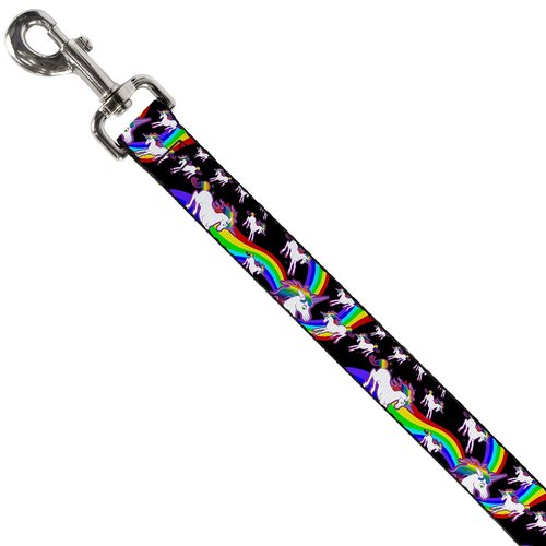 Dog Leash Unicorns Rainbow Swirl Black 6 Feet Long 1.0 Inch Wide