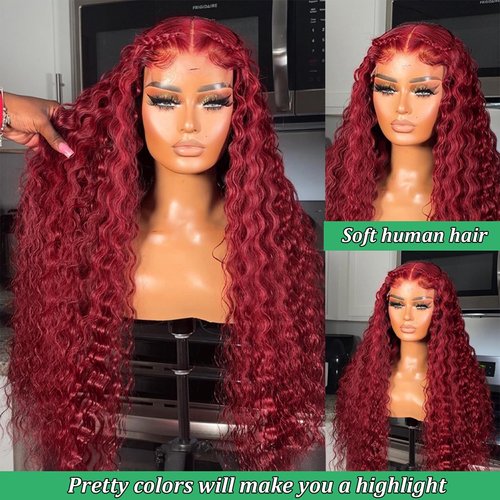 BeautyGrace 26Inch Burgundy Deep Wave Lace Front Wigs Human Hair 180% Density 99j Burgundy Frontal Wigs Human Hair 13x4 Red Human Hair Lace Front Wig for Fashion Black Women (26 Inch)