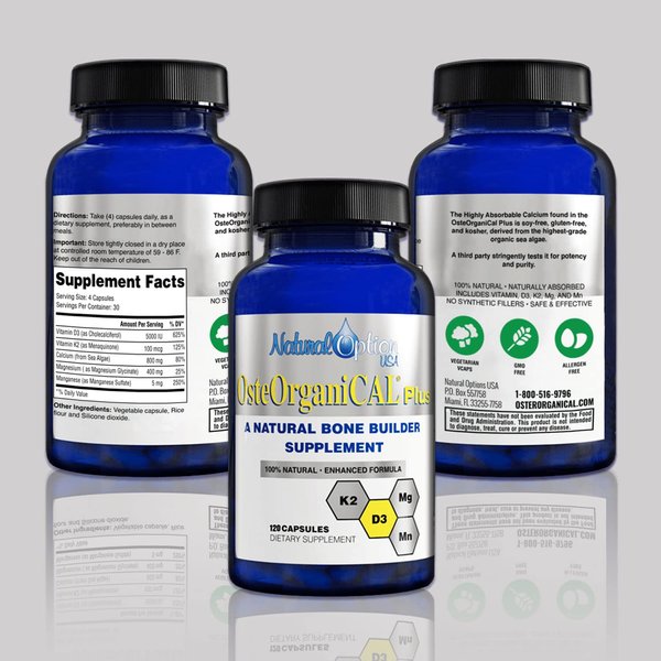 Osteorganical Plus - Organic Plant Base Source of Calcium Supplement with Vitamin D3, k2, Magnesium Glycinate and Manganese (360 Count) Pack of 3 Bottles