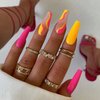 24 Pcs Acrylic Press on Nails Long Fake Nails Colorful Stripes Glue on Nails Coffin Shaped False Nails with Yellow Rose Red Color Glossy Stick on Nails for Women Girls