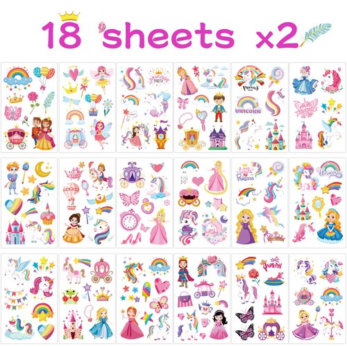 Unicorn Princess Temporary Tattoo for Kids, 270+ Pcs Rainbow Crown Fake Tattoos for Girls’ Party Supplies Kids' Birthday Favor, 36 Sheets Waterproof Tattoo Stickers for 5 6 7 8 9 Years Old Girls
