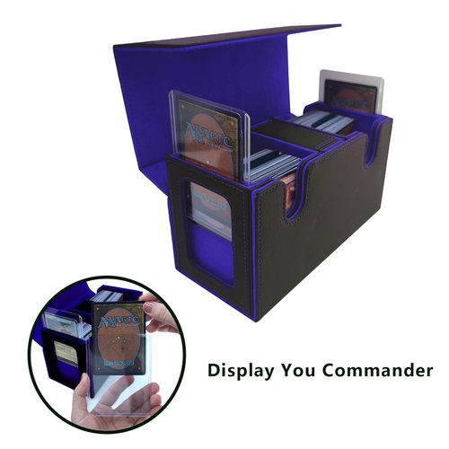 Alinwu MTG Commander Card Storage Box - Fits 200 Double Sleeved Cards,3-in-1Card Deck Case,Strong Magnet Card Organizer For Magic Commander TCG CCG,4Dividers &2 Toploaders(Black&Blue)