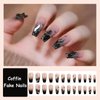 MISUD Press on Nails Long Coffin Fake Nails Glossy Glue on Nails Black Ombre Acrylic Nails Ballerina Goth Gradient Artificial Nails Rhinestone Stick on False Nails with Design 24 pcs