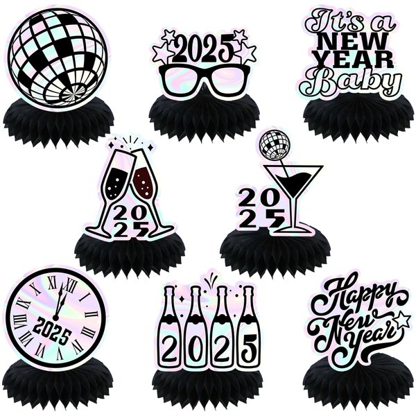 2025 Happy New Years Eve Party Centerpiece for Table, 8 Pcs New Years Table Decorations 2025 Iridescent Disco Honeycomb Centerpieces 3D Table Toppers New Years Eve Party Supplies