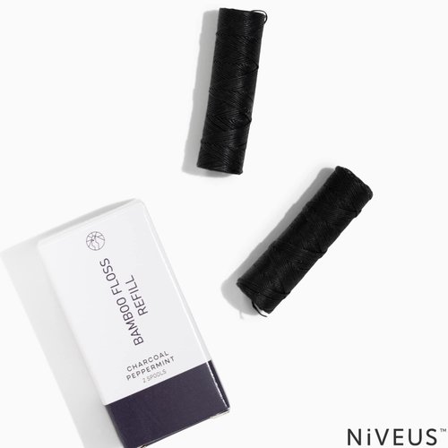 NIVEUS Bamboo Charcoal Dental Floss - Mint - Dentist Developed - Vegan - Refillable and Compostable - Plastic Free Eco-Friendly Dental Floss in Aluminum Container (Bamboo Charcoal Floss Refills)