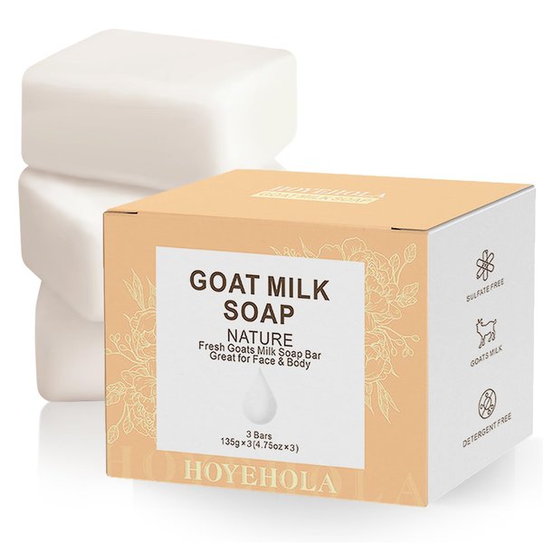 HOYEHOLA Natural Goat Milk Soap Bar for Face Body - Moisturizing Soothing Soap Base for Men Women Gentle Cleanser All Skin Types, 14oz 3 Bars