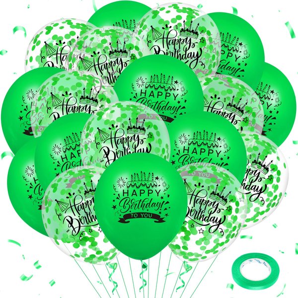 Green Happy Birthday Party Balloons 18Pcs 12 Inch Birthday Latex Balloons Confetti Balloons Green Birthday Decorations for Kids Boys Girls Women Men Birthday Anniversary Party Supplies