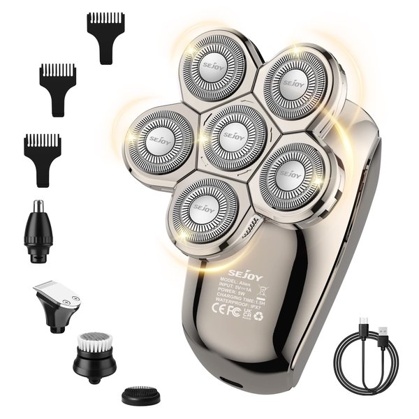 Electric Razor for Bald Men, Head Shavers for Men 5-in-1 Multifunctional 6D Electric Head Shaver Waterproof Recharageable Rotary Shaver Grooming Kit Mens Electric Shaver
