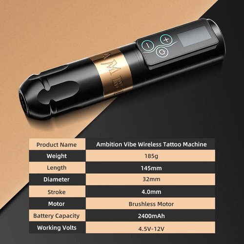 Ambition Vibe Tattoo Machine - Rotary Cartridge Battery Pen with 2400mAh Touch Buttons LED Digital Display Wireless Power Brushless Motor Tattoo Equipment Supply for Professional Artists and Beginners