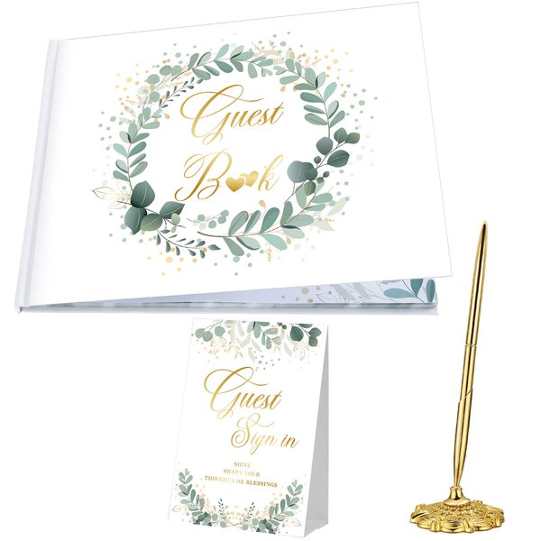 Wedding Guest Book Set Wedding Memory Book Lined Wedding Registry Guestbook with Gold Pen and Holder, Guest Sign in Table Card, Hard Cover with Gold Foil, for Baby Bridal Shower,7x9inch (Eucalyptus)
