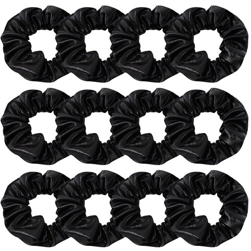 12 Pcs Faux Leather Jacket Cheer Hair Scrunchies For Thick Hair School Performance Scrunchy Sports Ponytail Holder Wrist for Girls Cosplay Show (Black)