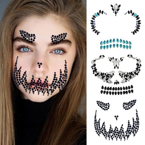 Face Gems Jewels Temporary Tattoo Stickers Halloween Festival Party Women Eyes Body Gothic Black Blue Rhinestones Art Makeup Accessories 3 Sheets