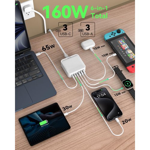 USB C Fast Charger Block, 160W 8 Port GaN Charging Station Hub Brick Power Strip, PD PPS 65W Laptop Adapter for Multiple Devices MacBook Pro/Air, iPad iPhone, Surface, Galaxy, 6ft Cord (White)
