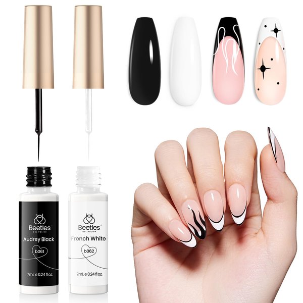 beetles Gel Polish Nail Art Liner Gel Polish Set- 2 Popular Black White Colors Nail Art Polish Gel Art Paint for Swirl Nails Built Thin Nail Art Brush in Gel Pens UV Soak off Gifts for Women