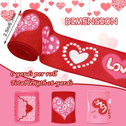 AnyDesign 3 Roll Valentine's Day Wired Edge Ribbon Love Heart Wired Ribbon Red Pink Fabric Craft Ribbon for Gift Wrapping Floral Arrangement Wreath Bow DIY Crafts Decor, 18 Yards, 2.5 Inch