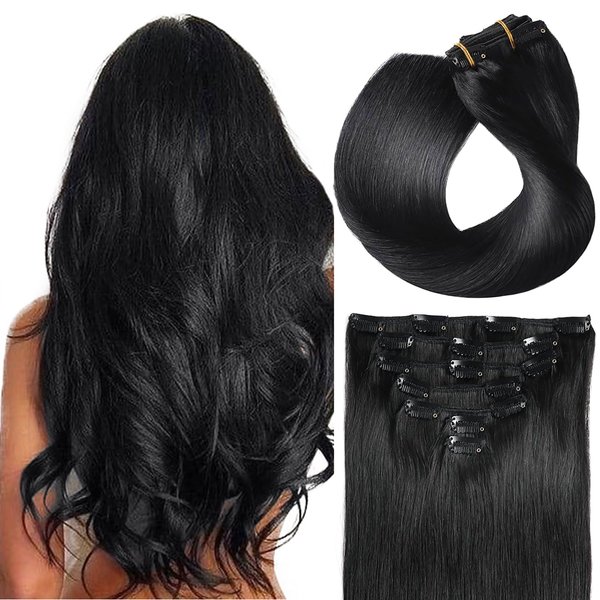 ORIGEN Clip in Hair Extensions Real Human Hair Clips ins Remy Hair Extensions for Women Full Head Natural Black 120g 16 Clips 7 Pcs 18 Inches