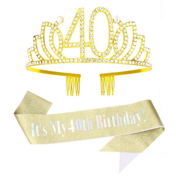 CURASA Birthday Sash and Crown for Women 40th Birthday Sash Gold Birthday Crown Adult Women Rhinestone Birthday Tiara Gold Its My 40th Birthday Sash Birthday Decoration for Party Gifts