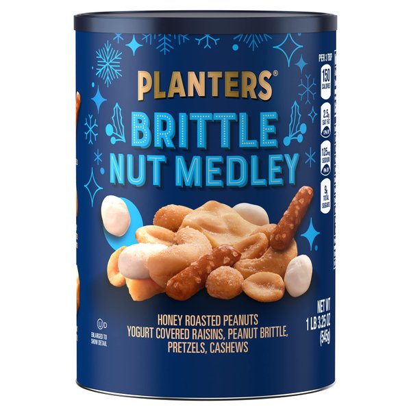 PLANTERS Winter Edition Brittle Nut Medley Trail Mix Snack with Honey Peanuts, Yogurt Raisins, Peanut Brittle, Pretzels & Cashews, 1 lb, Canister