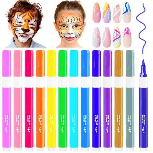 SAYEEC Acrylic Face Paint Pens Kit 12 Colors Nail Art Polish Pens Brush Tip Washable Temporary Tattoo Body Markers for Skin Cosplay Makeup Birthday Halloween Rock Painting Card Making DIY Nail Beauty