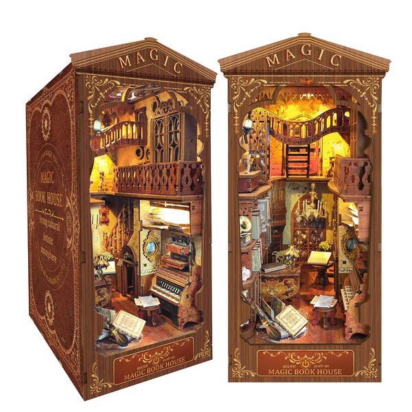 Book Nook Kit, DIY Booknook LED Dollhouse Miniature Kit Shelf Insert 3D Wooden Puzzle Bookend Decor Alley with Led Light Crafts for Adults and Teens to Build-Creativity Gift