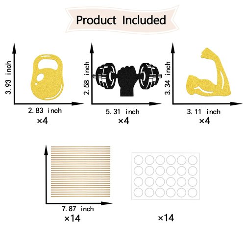 12 Pcs Sport Gym Theme Centerpiece Sticks, Gym Fitness Theme Birthday Decorations, Weight Lifting Workout Baby Shower Party Supplies Gold Black