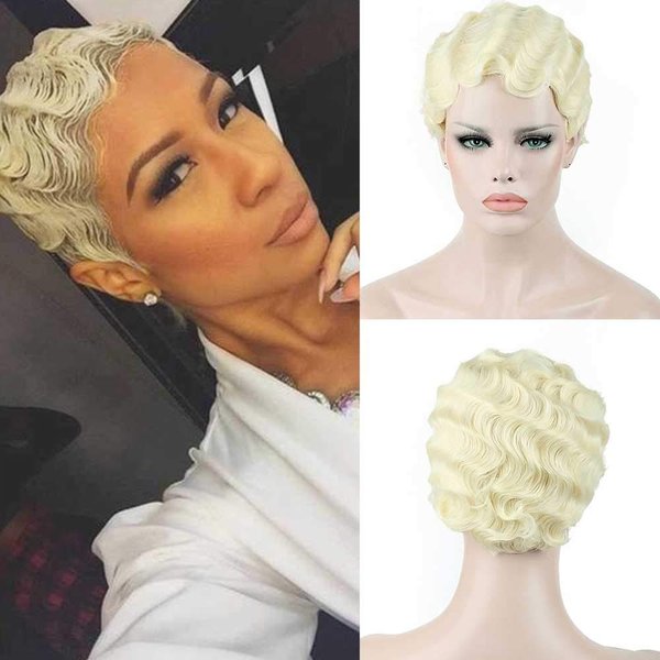 DIFEI 15 Colors Women Black Blonde Golden Brown Pink Blue Wine Red Short Finger Wave Curly Wigs Nuna Wigs Janet Collection (Blonde)