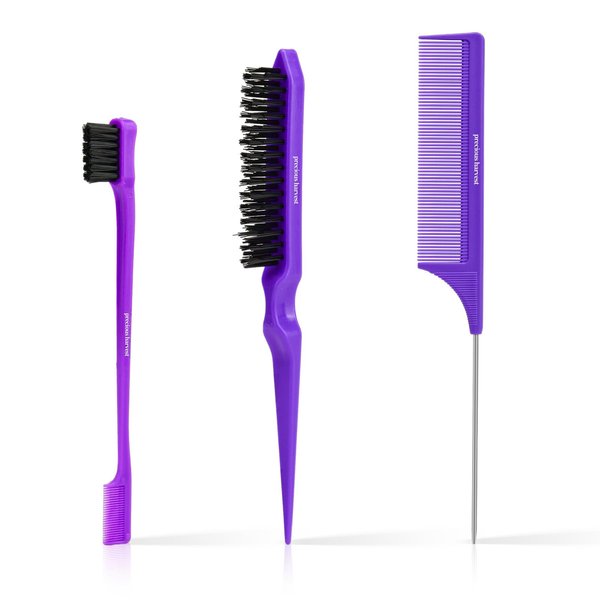precious harvest Three-piece Hair Styling Rat Tail Comb Hair Brush Set,Double Sided Edge Brush for Edge & Back Brushing,Nylon Teasing Hair Brush with, Slicking Hair for Women Girls (Purple)