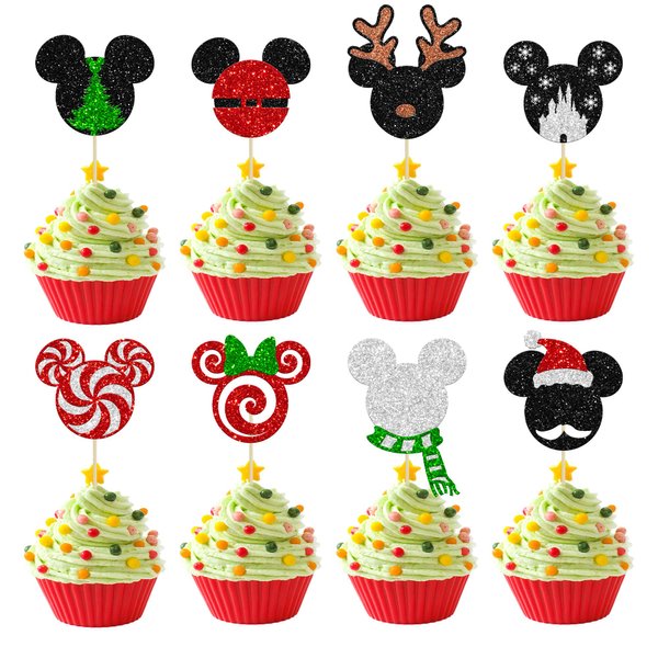 24Pcs Glitter Mini Mouse Inspired Christmas Cupcake Toppers Snowflake Deer Santa Hat Mini Christmas Cupcake Picks Decorations for Merry Christmas Theme Party Supplies