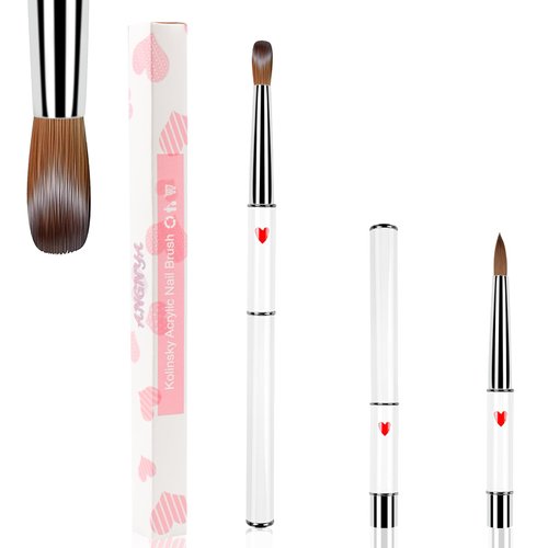 ANGNYA 100% Kolinsky Acrylic Nail Brush, Professional Nail Brushes for Acrylic Application Nail Extension with Hearts on White Handle Nail Art Brush Manicure for Women for DIY Home Salon Size 16